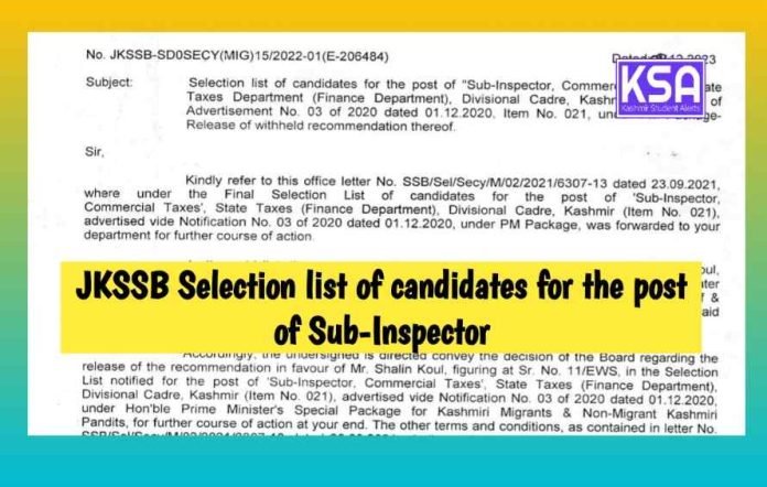 JKSSB Selection list of candidates for the post of 