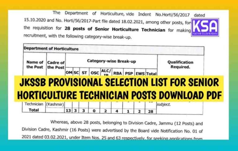JKSSB Provisional Selection List for Senior Horticulture Technician posts download pdf