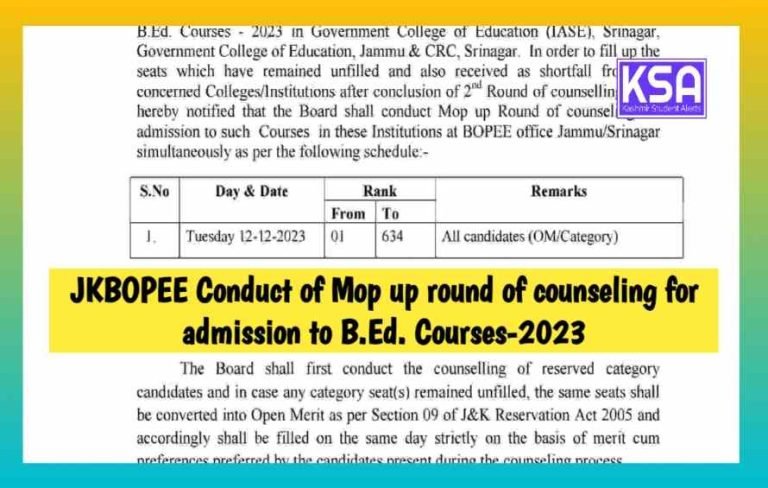 JKBOPEE B.Ed Course Admission Counseling Notification 2023