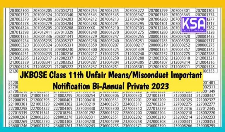 JKBOSE Class 11th Unfair Means/Misconduct Important Notification Bi-Annual Private 2023