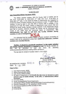 SKIMS Winter Vacation 2024 Announced For Faculty Members from this date 1 SKIMS announces winter vacation 2024 for faculty members from January 01