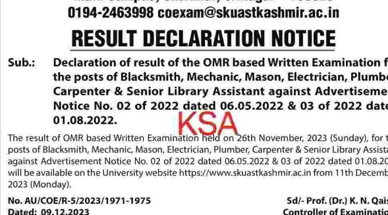 SKUAST Kashmir Declares Results for Various Positions