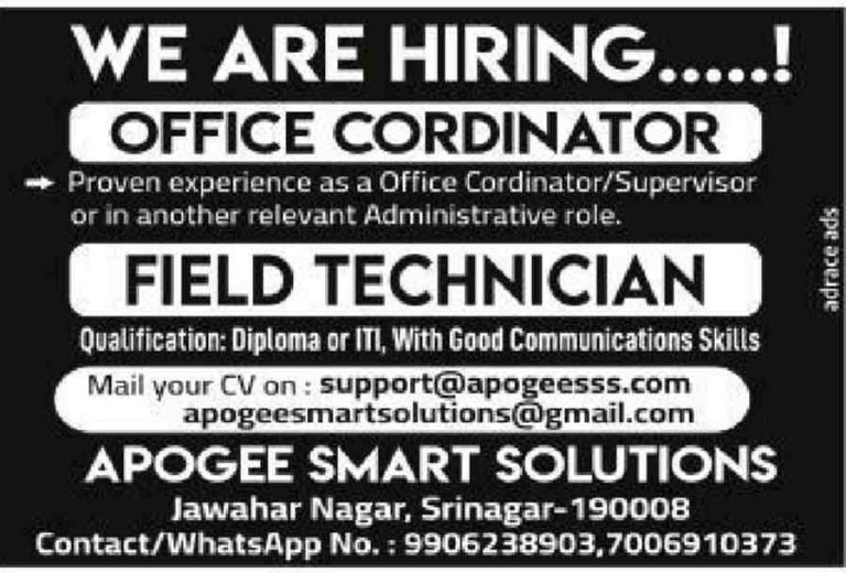 Apogee Smart Solutions is Hiring Office Coordinators/Supervisors and Field Technicians