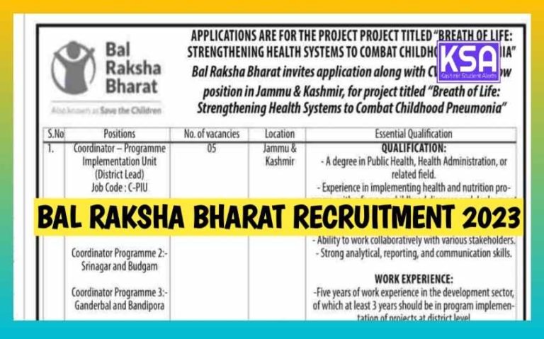 Bal Raksha Bharat Recruitment 2023 for various posts in all Kashmir Districts