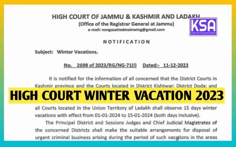 J&K High Court winter vacation 2023 Announced