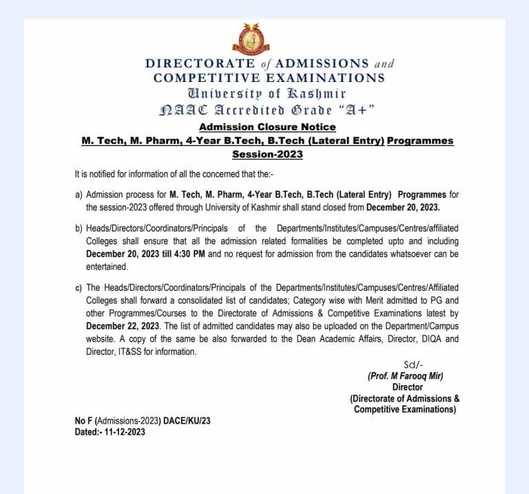 KU Admission Closure Notice M.Tech, M. Pharm, 4-Year B.Tech, B.Tech (Lateral Entry) Programmes Session-2023