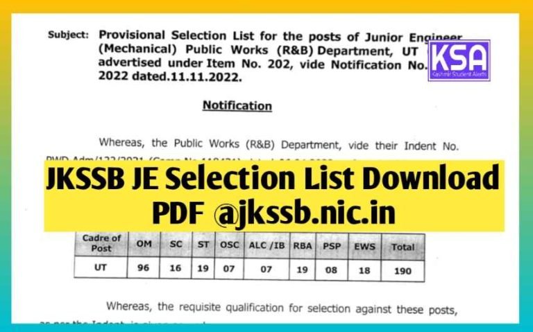 JKSSB JE Selection List Download PDF @jkssb.nic.in