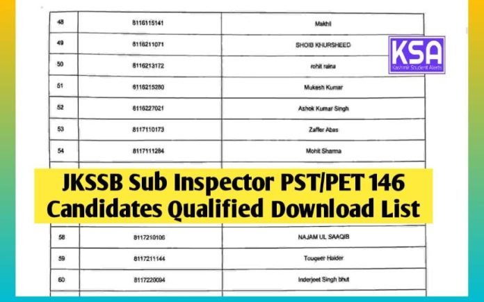 JKSSB Sub Inspector PST/PET 146 Candidates Qualified Download List