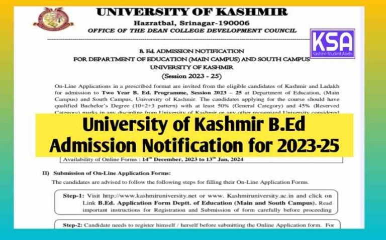 University of Kashmir Invites Applications for B.Ed Admissions 2023-25