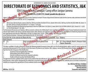 Selection List of Junior Statistical Assistant