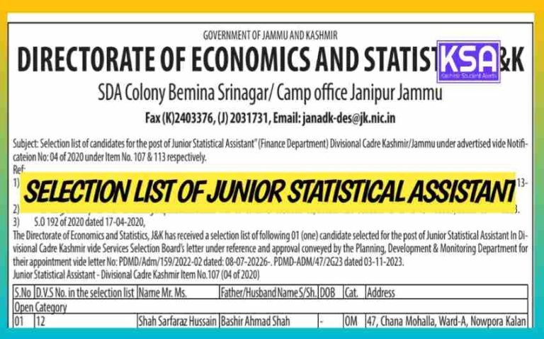 Selection List of Junior Statistical Assistant (Finance Department) Download Pdf