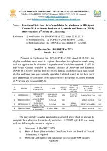 JKBOPEE Provisional Selection List for MD-Ayush Courses-2023