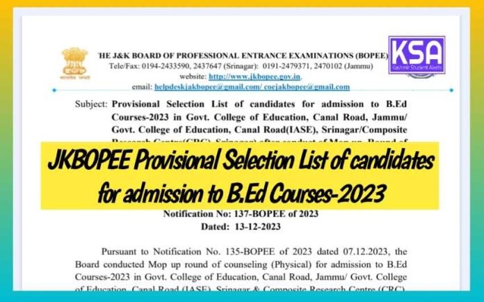JKBOPEE Provisional Selection List of candidates for admission to B.Ed Courses-2023