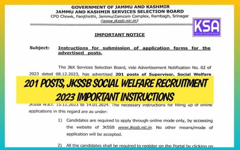 201 Posts, JKSSB Social welfare Recruitment 2023 Important Instructions