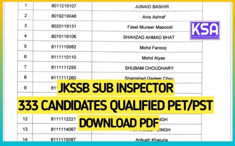JKSSB Sub Inspector PST/PET 333 Candidates Qualified Download List Pdf