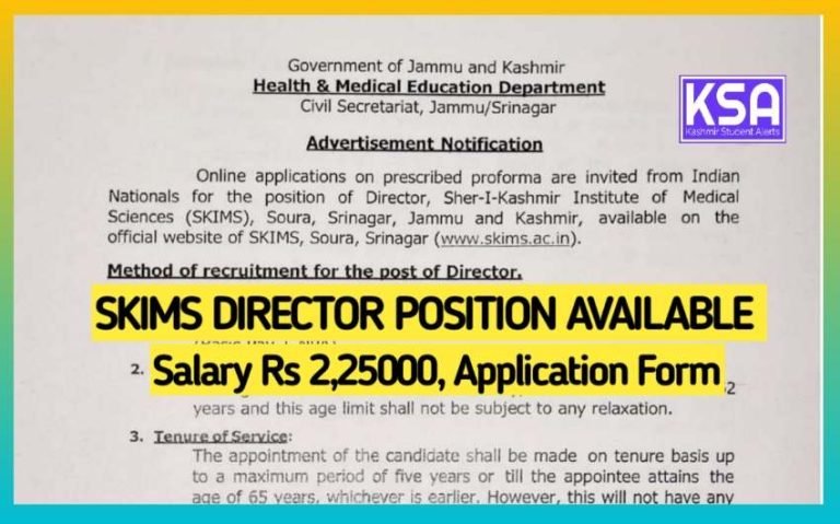 SKIMS Director Position Available: Salary Rs 2,25,000, Application Form, Last Date
