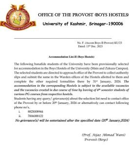 Kashmir University Accommodation List-II (Boys Hostels)