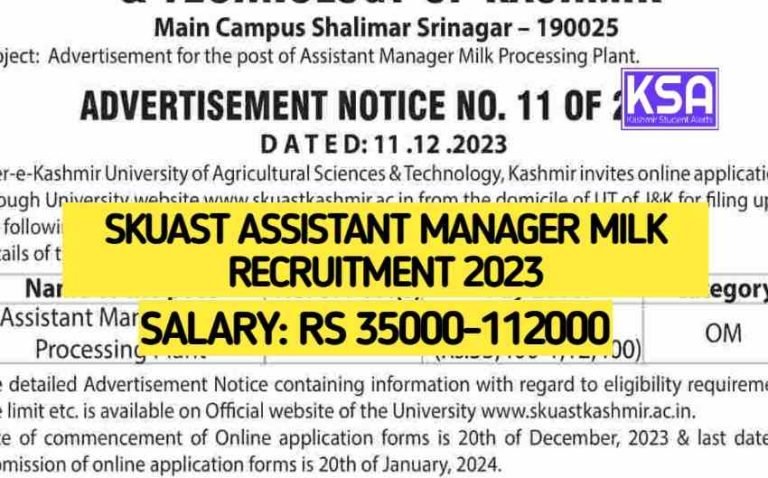 SKUAST Assistant Manager Milk Recruitment 2023, Salary 35000-112000, Eligibility