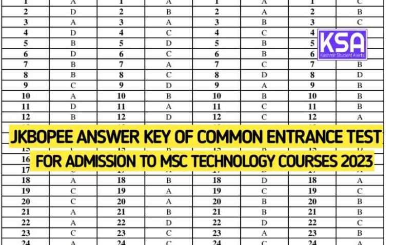 JKBOPEE Msc Technology Answer Key of Common Entrance Test 2023