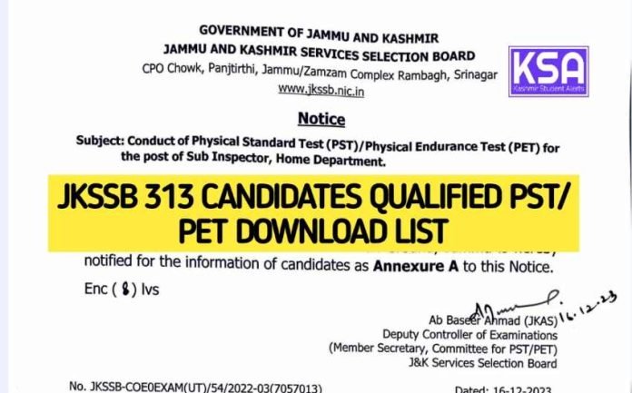 JKSSB 313 Candidates Qualified Sub Inspector PST/PET download List