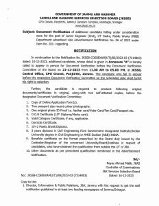 JKSSB Document Verification for Junior Engineer posts