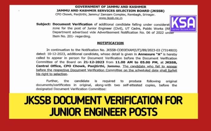 JKSSB Document Verification for Junior Engineer posts