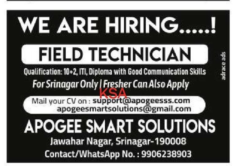 Field Technician Jobs at Apogee Smart Solutions Apply here