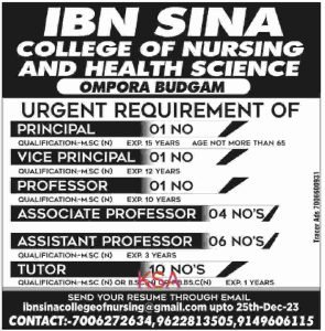 IBN SINA College Recruitment 2023, 23 Vacancies, Apply here 4 IBN SINA College Recruitment