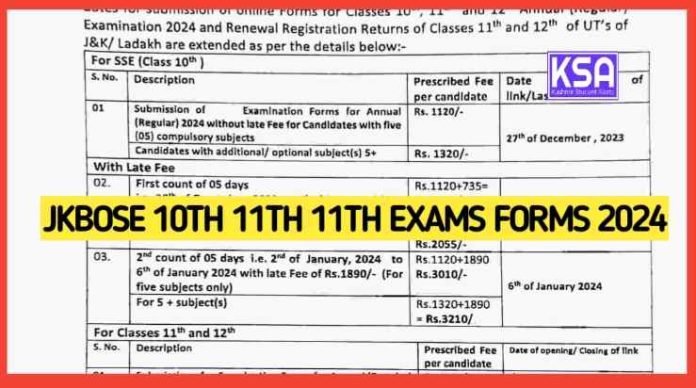 JKBOSE 10th 11th 11th Exams forms