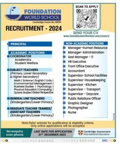 Foundation World School jobs Recruitment for various vacancies apply here 4 Foundation World School jobs