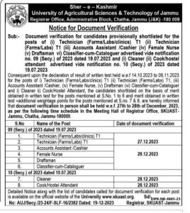 SKUAST Kashmir Document Verification Notice for various posts 3 SKUAST Kashmir Document Verification