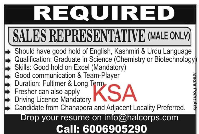 Sales Representative Position Available