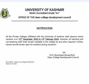 Kashmir University Announced Winter Vacation for all Private Colleges