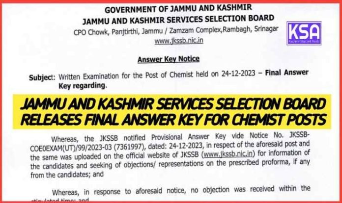Jammu and Kashmir Services Selection Board Releases Final Answer Key for Chemist Posts