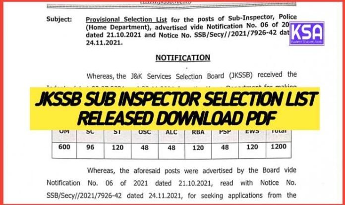 JKSSB Sub Inspector Selection List Released Download Pdf