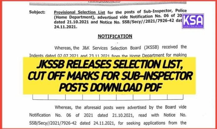 JKSSB Releases Selection List, Cut Off Marks for Sub-Inspector Posts Download PDF