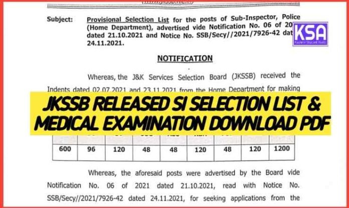 JKSSB Released SI Selection List & Medical Examination Download PDF