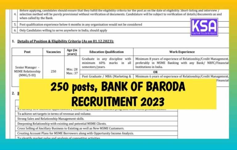 Bank of Baroda Recruitment 2023, 250 Vacancies, Eligibility Criteria, Application Fee