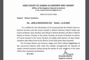 J&K High Court winter vacation 2023 Announced