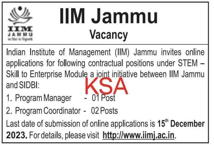 IIM Jammu Recruitment 2023 for Program Manager & Program Coordinator posts