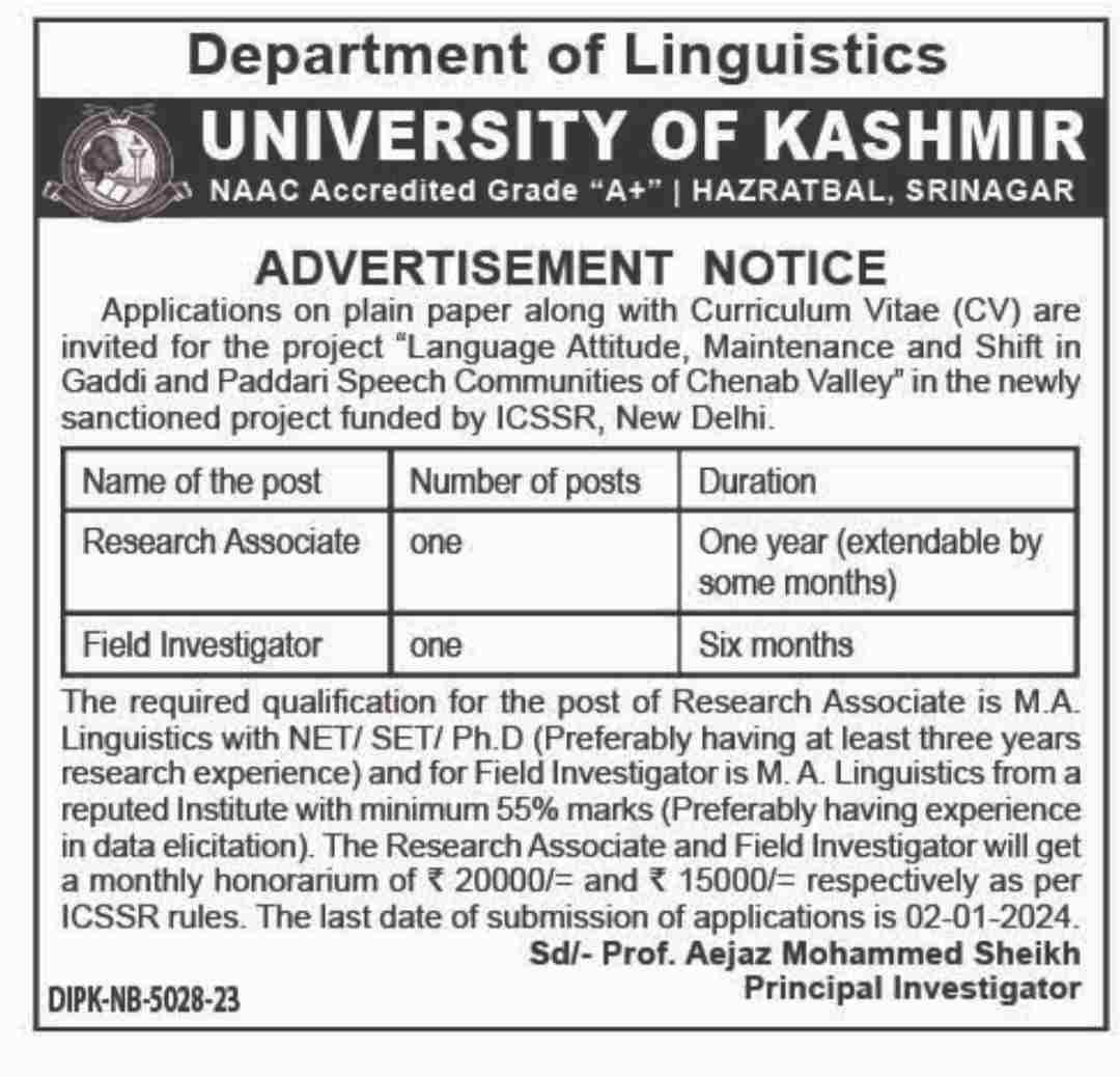 Important Notification - Research Associate and Field Investigator Positions Open at University of Kashmir
