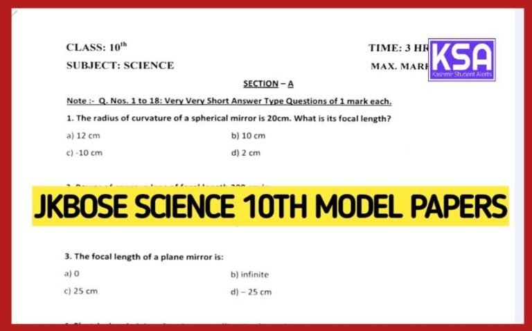 JKBOSE Class 10th Science Model Paper 2024 PDF Download
