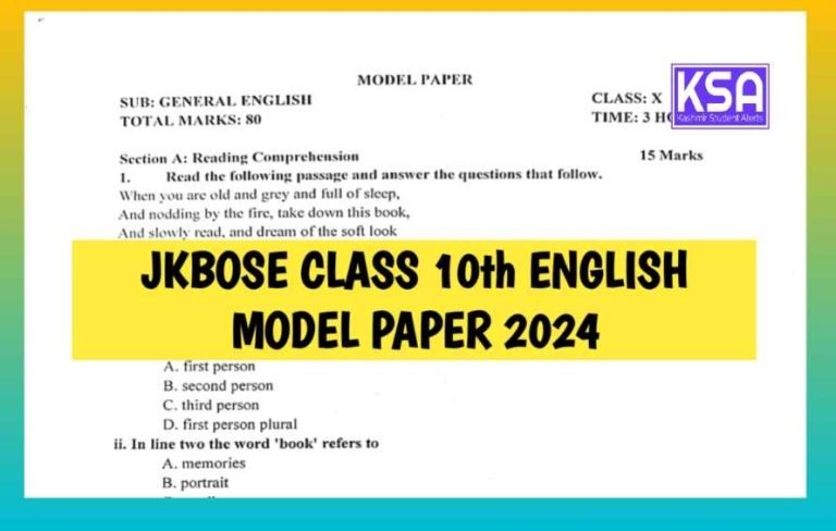 JKBOSE Class 10th English Model Paper 2024 Download PDF – 10th English Sample Paper JKBOSE