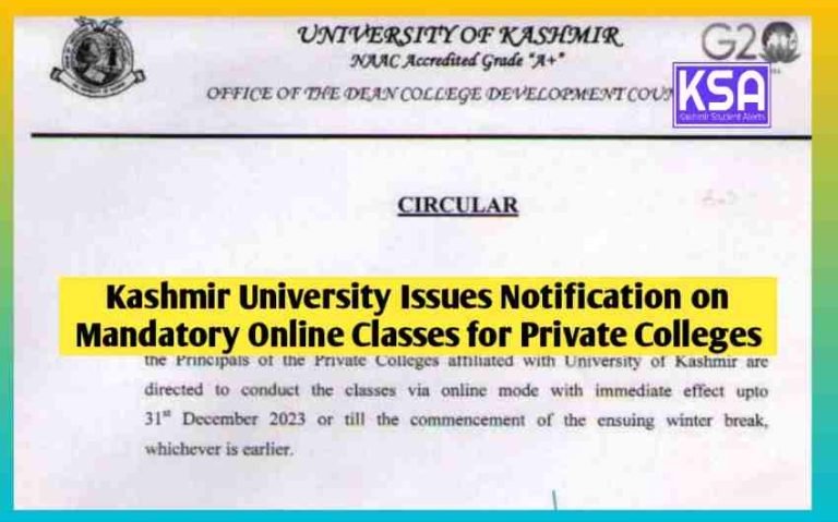Kashmir University Issues Notification on Mandatory Online Classes for Private Colleges