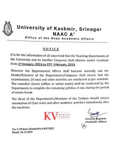 Kashmir University Winter Vacation 2024 Announced From This Date