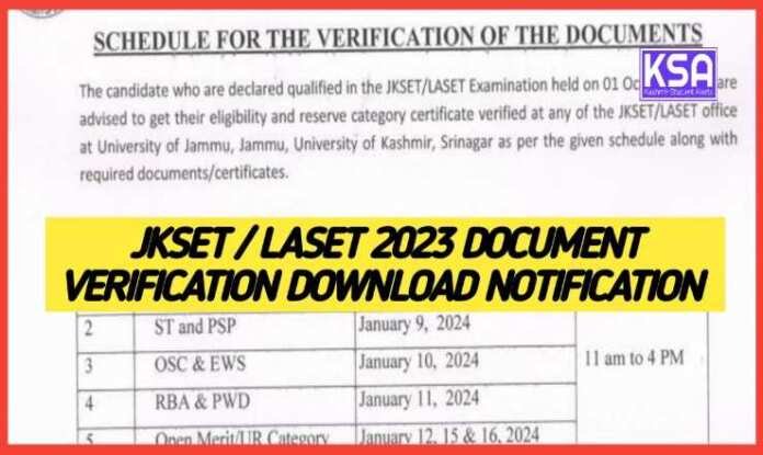 JKSET/ LASET 2023 Document Verification Notification Download