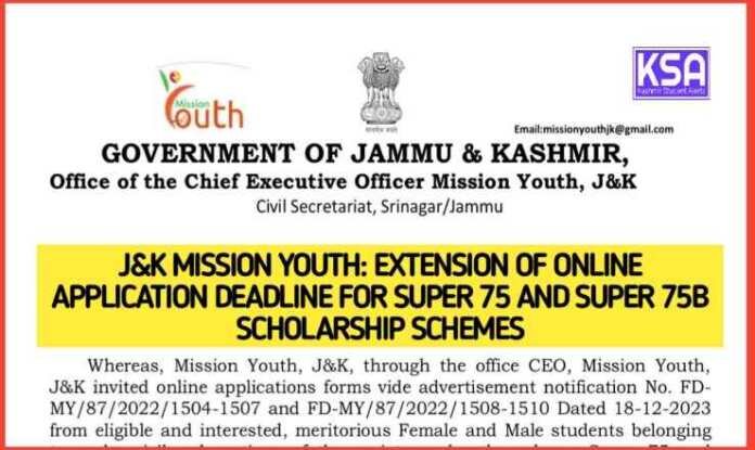 J&K Mission Youth: Extension of Online Application Deadline for Super 75 and Super 75B Scholarship Schemes