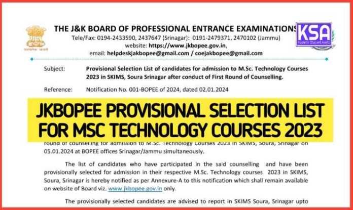 JKBOPEE MSc Technology Courses 2023 Selection List