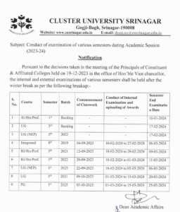 Cluster University Srinagar Announces Examination Schedule for Academic Session 2023-24