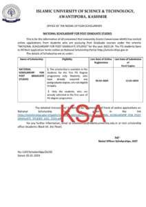 IUST Kashmir National Scholarship For Post Graduate Studies (2023-24)
